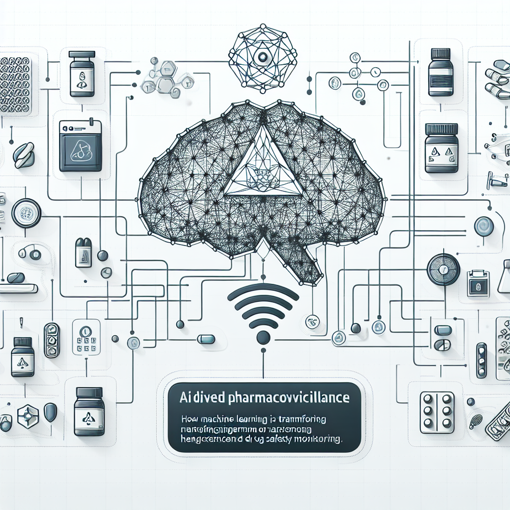 Abstract illustration of AI and machine learning analyzing global drug safety data streams for pharmacovigilance and adverse event detection